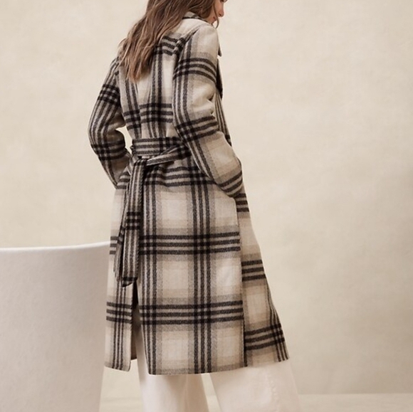 Banana Republic Double Face Wool Blend Tie Waist Wrap Coat White Plaid XL - Picture 3 of 10
